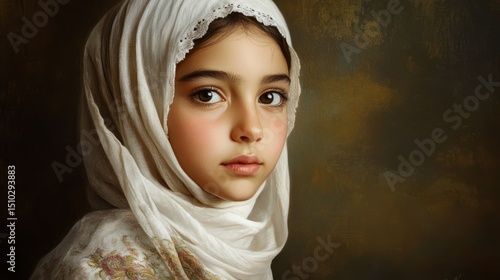 A Young Girl in a White Headscarf, a Portrait in Soft Light