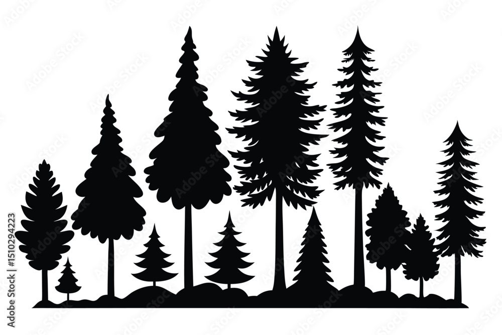 Obraz premium Silhouettes of evergreen trees in a forest landscape