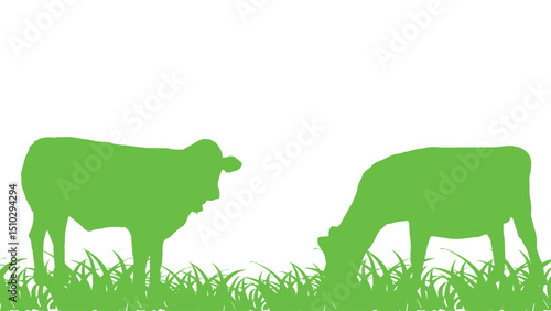 Cattle farm vector illustration: diverse silhouettes of cows and calves on grass
