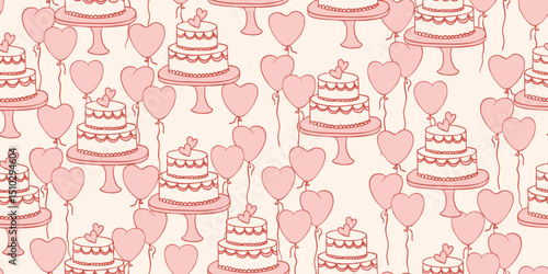seamless pattern with wedding cake and ballons, coquette elements for Valentines day, romantic cector background