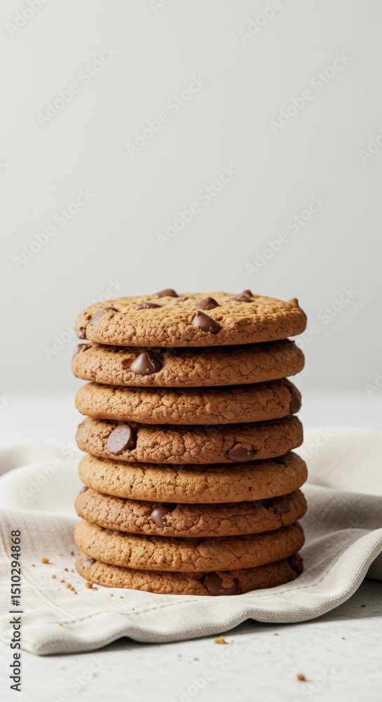 Delicious Chocolate Chip Cookies Stacked High on Linen Delicious Chocolate Chip Cookies Stacked High on Linen