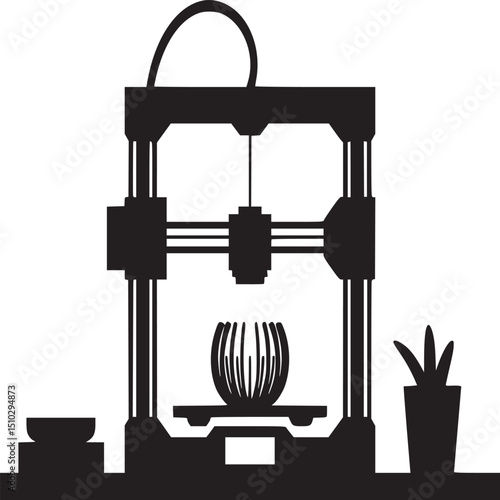 Silhouette of a d printer creating a vase next to a potted plant on table