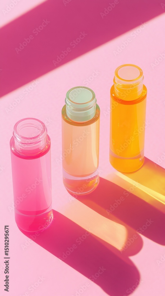 Fototapeta premium Bright bottles on pink