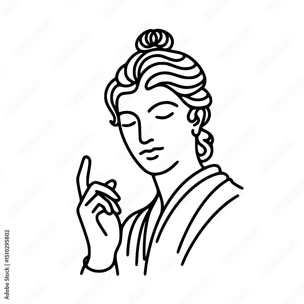 Line art illustration of a serene figure with raised finger gesture, single line outline vector Line art illustration of a serene figure with raised finger gesture, single line outline vector