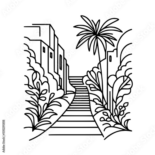 Pathway through tropical plants and buildings in single line outline vector  