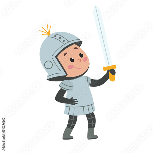 Cartoon boy in knight costume with sword and helmet. Vector illustration in children's style on white background