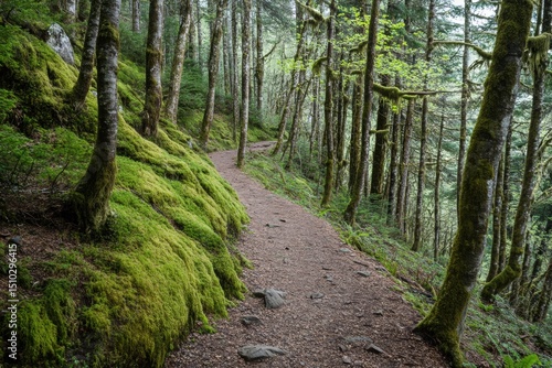 Natural hiking trail in thick forest