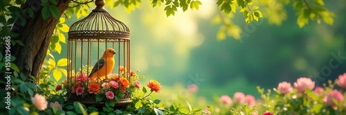 A vibrant summer scene featuring a birdcage adorned with colorful flowers and lush greenery, bathed in sunlight Perfect for themes of freedom, summer, nature, and escape , green, decoration, yellow