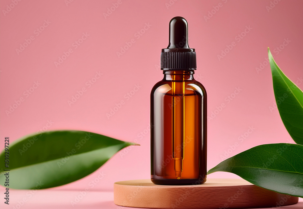 Oil Bottle Mockup with Green Leaf on Pink Background Oil Bottle Mockup with Green Leaf on Pink Background