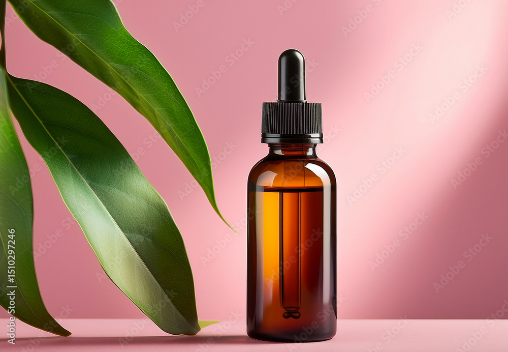 Oil Bottle Mockup with Green Leaf on Pink Background Oil Bottle Mockup with Green Leaf on Pink Background
