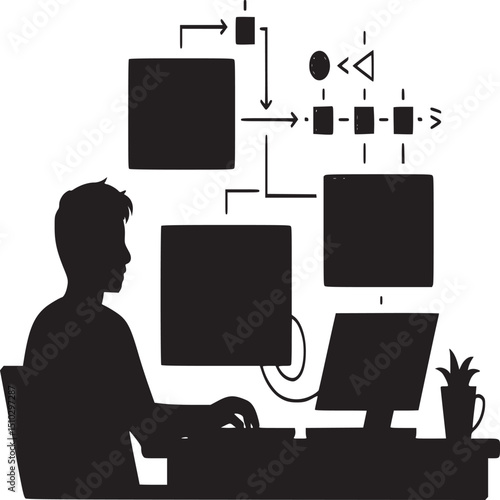 Silhouette of coder working at desk with multiple screens and flowchart