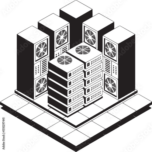 Isometric illustration of server racks and cooling systems in black and white