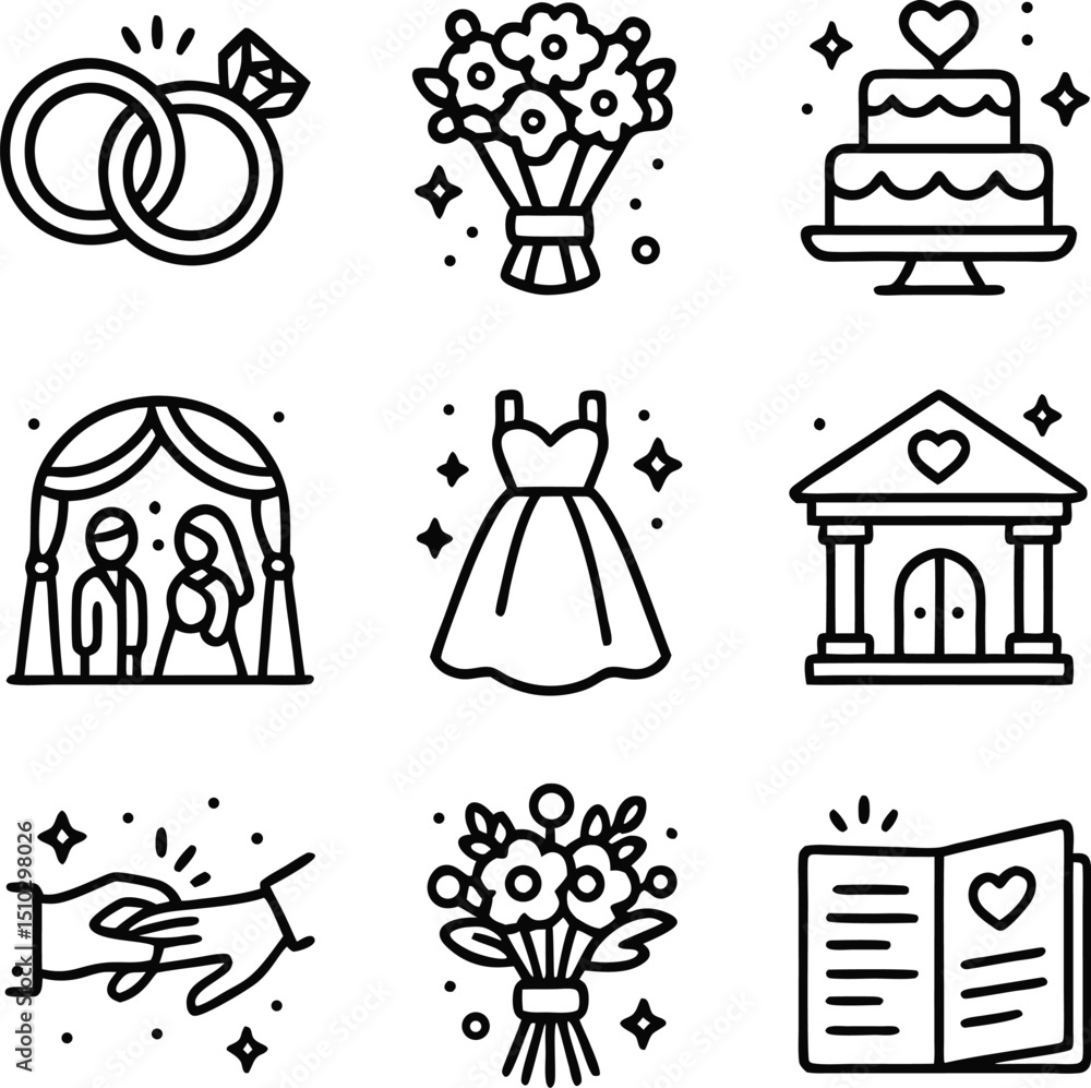 Fototapeta premium Wedding icons with rings, bouquet, cake, arch, dress, church, hands, book. Ideal for invitations, cards, websites, and decorations
