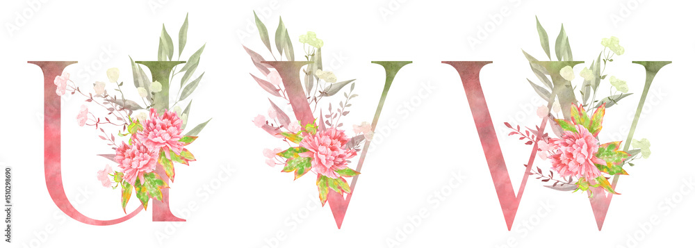 Obraz premium Elegant floral alphabet letters A, B, C, D in soft watercolor style. Featuring pink peonies, greenery and gentle pastel tones. Perfect for wedding design, monograms, and feminine branding.