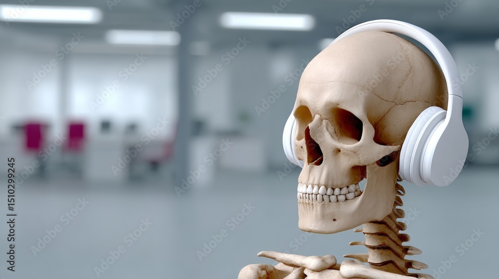 Fototapeta premium Skeleton wearing headphones is standing in a room. The skeleton is wearing headphones and he is listening to music