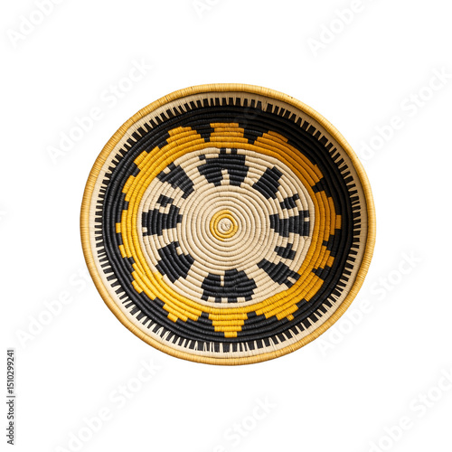 Wall basket with radial star pattern in yellow, black and cream, side angle, isolated on transparent background,