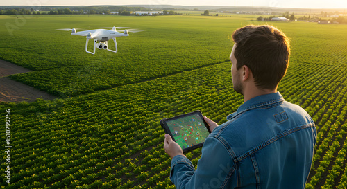 Young Man Flying Drone Over Green Farm Field Using Tablet During Sunset