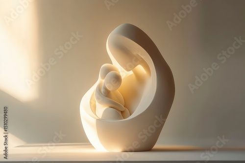 abstract mother and child sculpture, formed from smooth curved shapes, modern design object, soft pastel tones, clean white scene