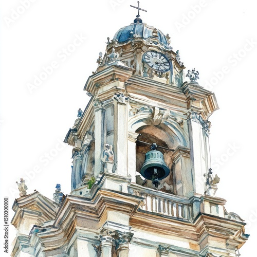 A Watercolor Painting of a Church Bell Tower