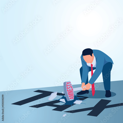 A man smashes a tax on the floor with a hammer that says amnesty. A metaphorical illustration for tax amnesty, business tax cuts and discounts.