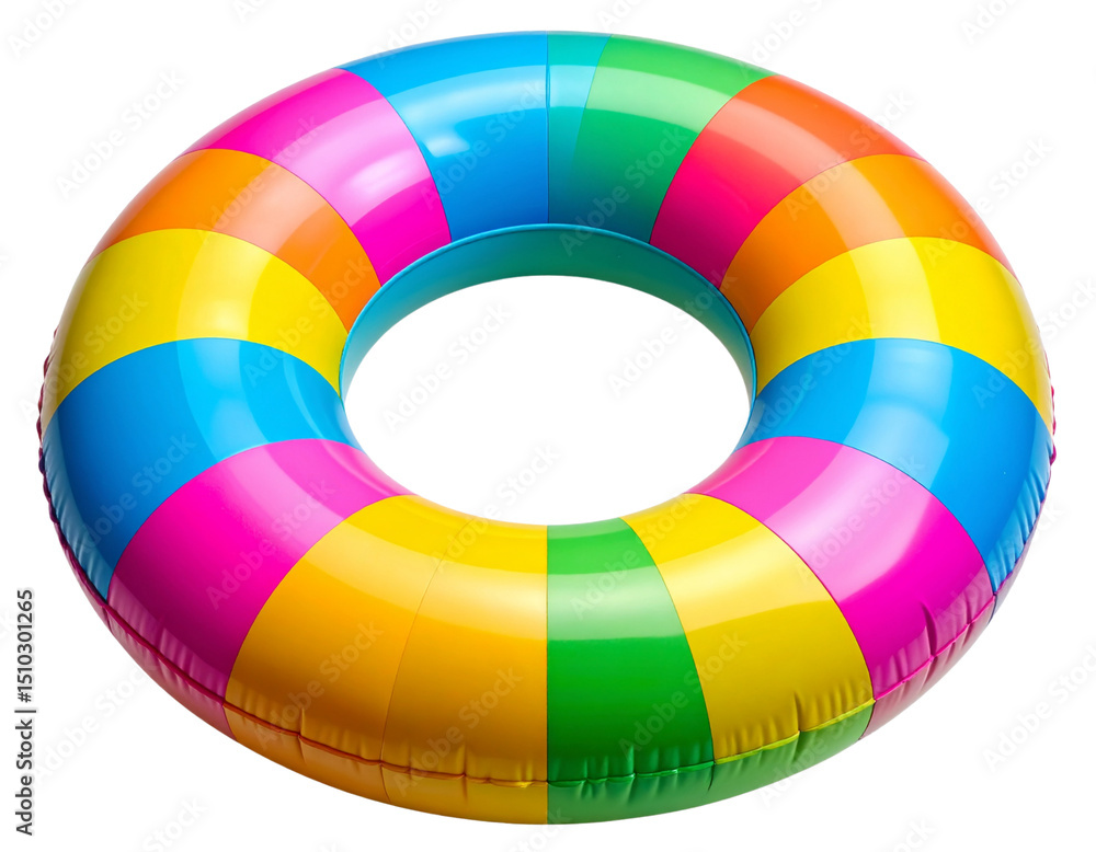 Fototapeta premium Bright Multicolor Inflatable Swimming Ring with Geometric Patterns, isolated on a transparent background
