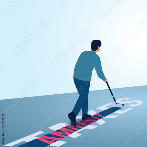 A man paints the word taxes on the floor with amnesty. Metaphorical illustration for tax amnesty, business tax cuts and discounts.