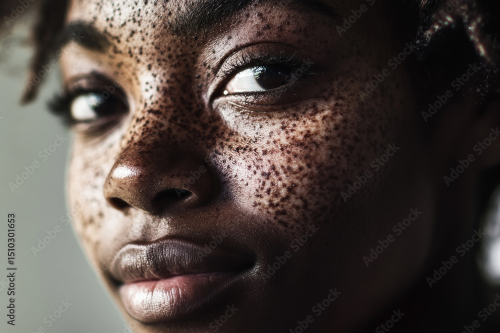 Obraz premium Close-up of a Black person with freckles and vitiligo