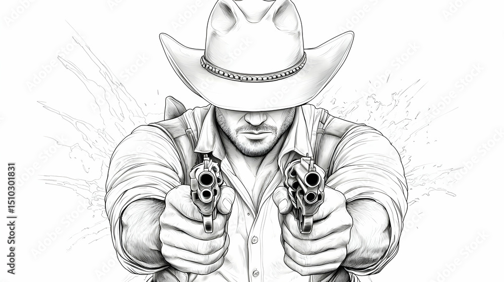 Fototapeta premium Gunslinger in Black and White Cowboy Hat Holding Revolvers