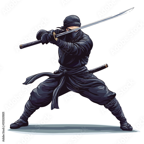 Professional Vector Illustration of a Ninja Warrior Engaging in a Sword Battle Scene