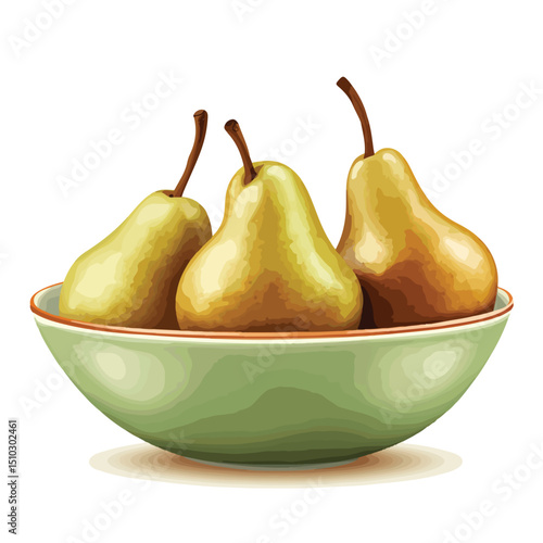 Fresh Pears in Bowl Vector Illustration on White Background