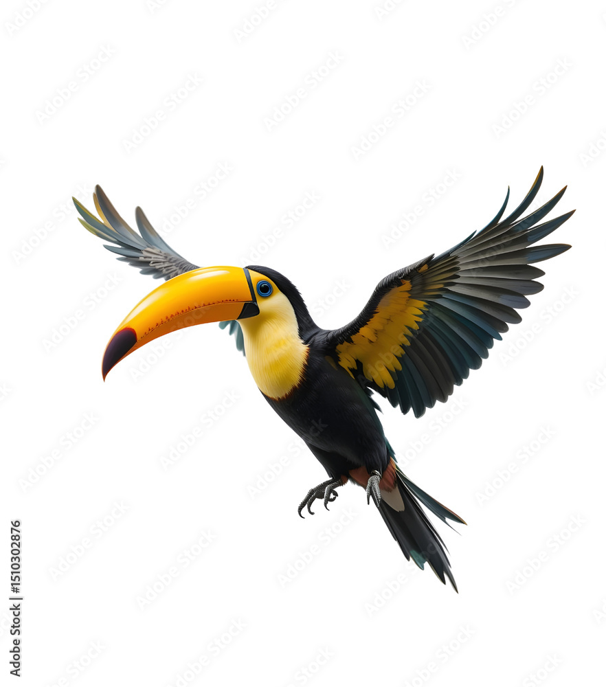 Obraz premium Flying Perched Toucan Bird PNG – Realistic Colorful Tropical Bird on Branch with Transparent Background