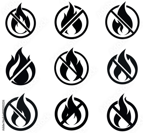 No Fire Icons - Fireproof & Flammable Prohibition Symbols Set