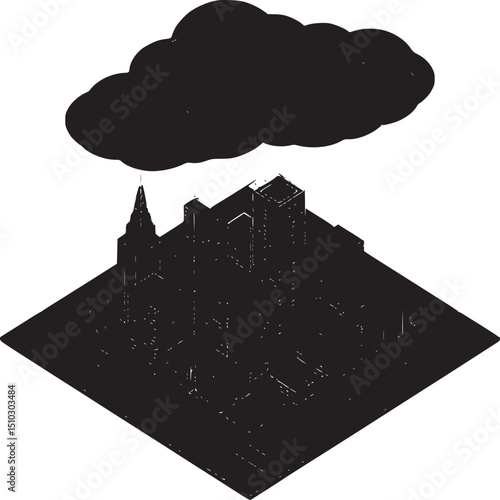 Isometric city with dark cloud and lightning striking the buildings