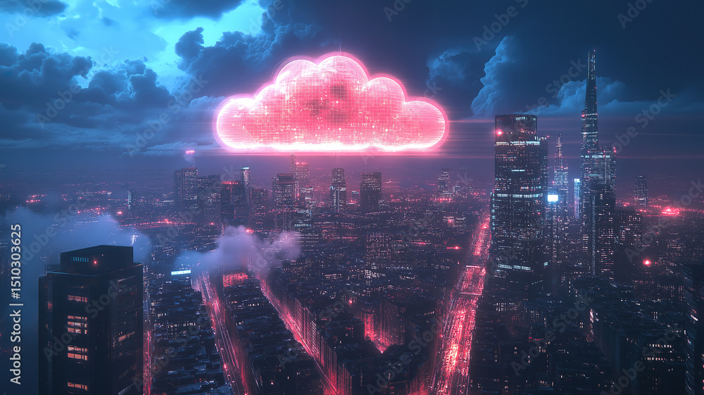 Obraz premium Cloud icon shining over a digital cityscape depicting a futuristic and data driven environment