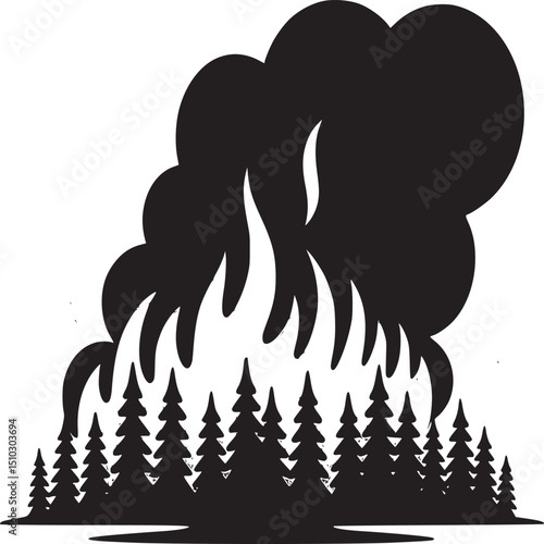 Stylized illustration of a forest fire with black smoke and orange flames