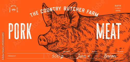 Pork, pig, hog, meat tag label. Template Meat Tag Label. Vintage print, tag, label farm pig sketch ink pencil style drawing. Butchery, pork pig farm, meat shop, text, typography. Vector Illustration