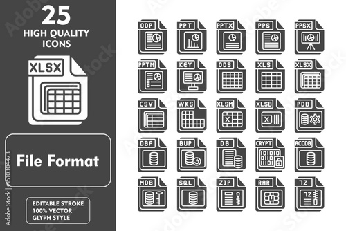 File Format Glyph Icon Set. Incleded Icons ODP, PPT, PPTX, PPS, PPSX, PPTM, KEY, ODS, XLS. Vector Icons Collection