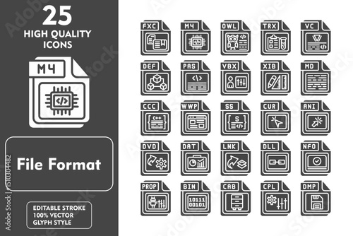 File Format Glyph Icon Set. Incleded Icons FXC, M4, OWL, TRX, VC, DEF, PAS, VBX. Vector Icons Collection