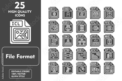 File Format Glyph Icon Set. Incleded Icons DRV, ICNS, SYS, CAT, HLP, ICL, BUD. Vector Icons Collection
