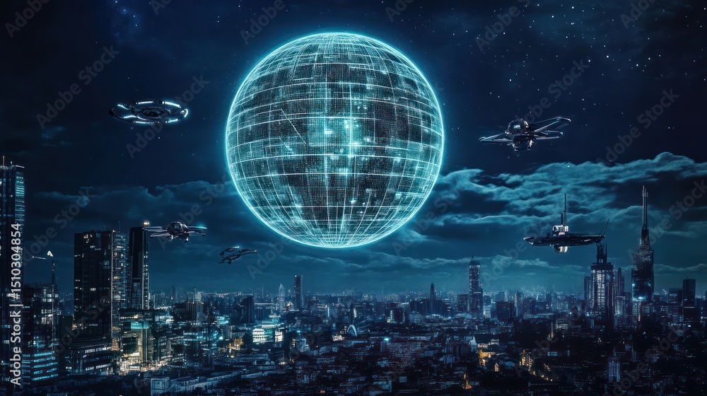 Futuristic city at night with a glowing digital globe and flying vehicles. Futuristic city at night with a glowing digital globe and flying vehicles.