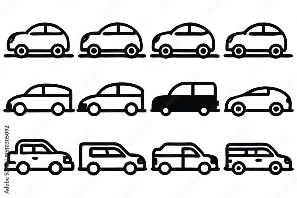 Collection of vector illustrations featuring various simple outlined car designs in different styles Collection of vector illustrations featuring various simple outlined car designs in different styles