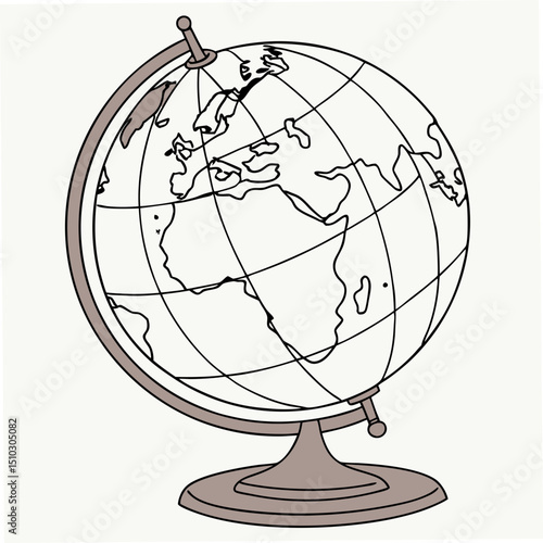 Cartoon globe illustration with outline of continents and latitude lines on a white background ideal for education