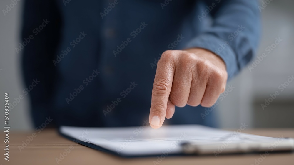Obraz premium A close-up of a hand pointing at a document on a wooden table, conveying focus and attention to detail in a professional environment.