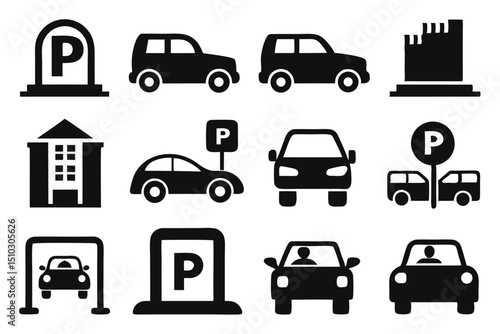 Collection of parking related icons featuring cars parking garage and parking signs