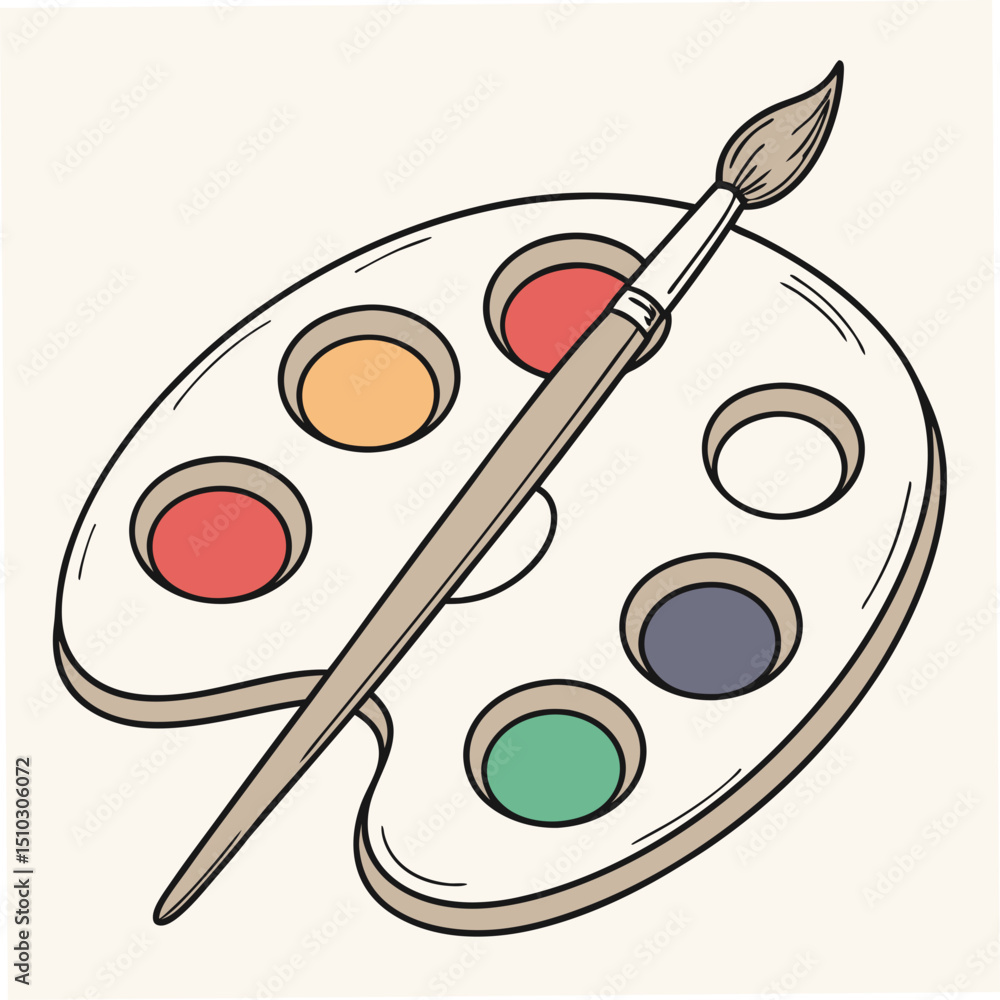 Hand drawn artist palette and paintbrush illustration on a white background featuring artistic creativity and design elements Hand drawn artist palette and paintbrush illustration on a white background featuring artistic creativity and design elements