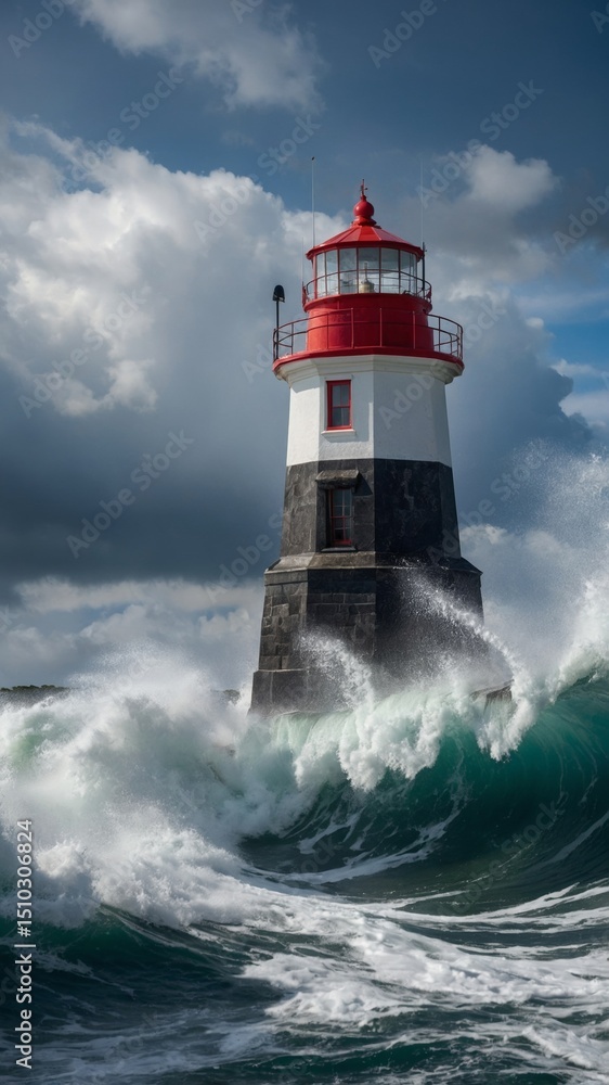 Vertical banner for social media of lighthouse during a storm in the spray realistic professional shot daytime shot bright blue sky in the clouds Vertical banner for social media of lighthouse during a storm in the spray realistic professional shot daytime shot bright blue sky in the clouds