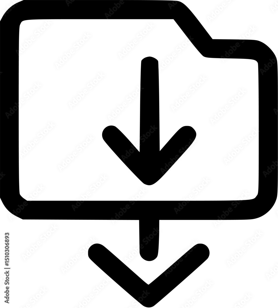 A black and white download icon featuring an arrow inside a folder A black and white download icon featuring an arrow inside a folder