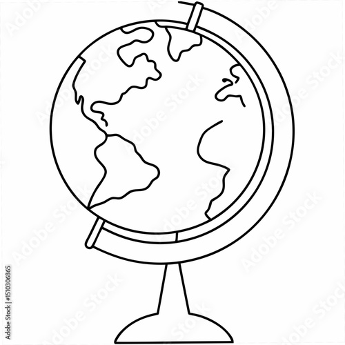Simple outline illustration of a globe on a stand showing continents for educational and design projects
