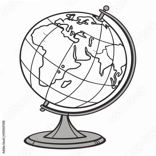 Stylized globe illustration with outlined world map on a stand representing global education and geography.