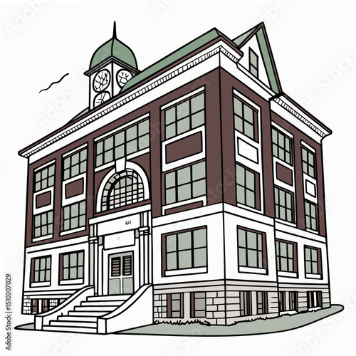 Stylized illustration of a historic school building with clock tower architectural design in a comic art style